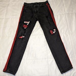 Respect Your Mother Jeans Size 34x30 Black Button Fly, Distressed Inset Patches